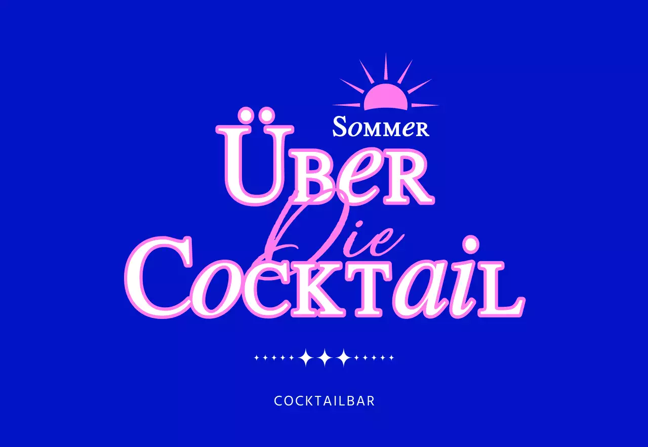 Werbung für eine Cocktailbar mit einer blau-rosa Sonnenillustration