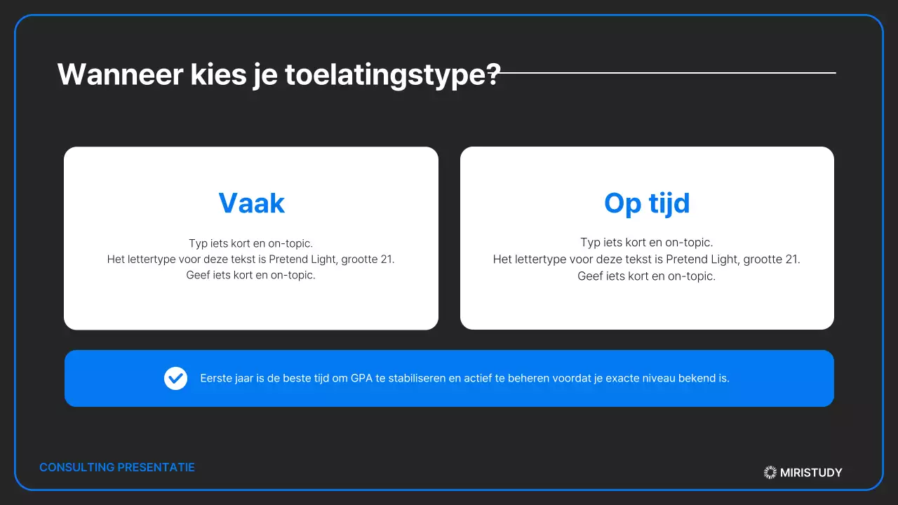 Een minimalistische toelatingspresentatie in zwart en blauw