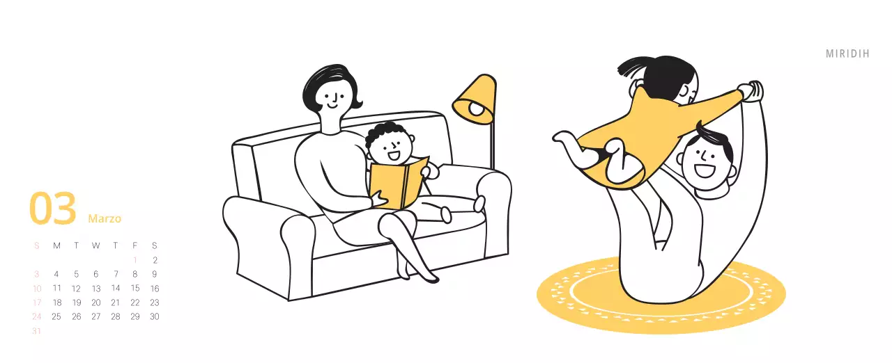 Simpatico calendario da tavolo illustrato verde a tema famiglia