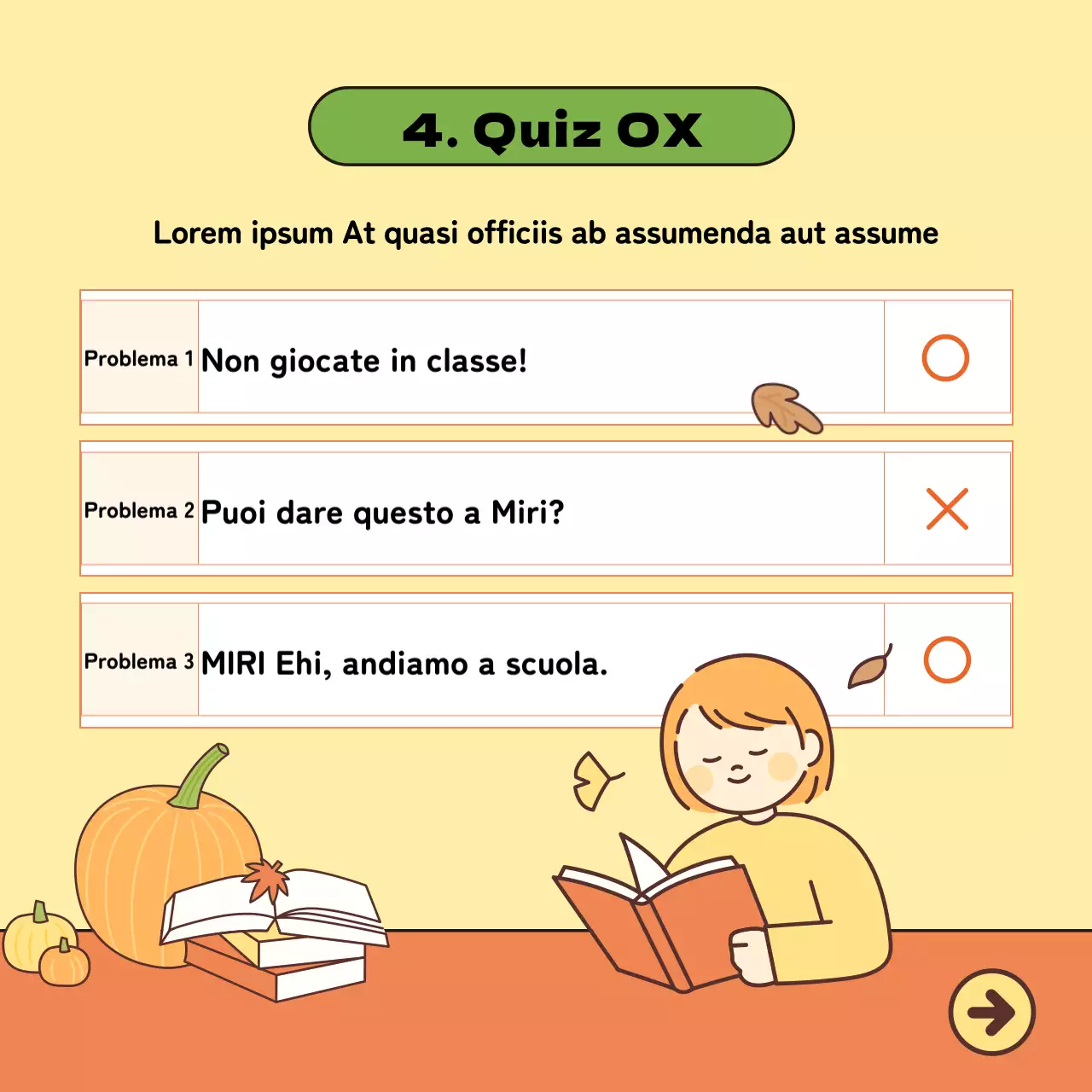 Materiale didattico di lingua coreana con simpatiche illustrazioni in giallo e arancione