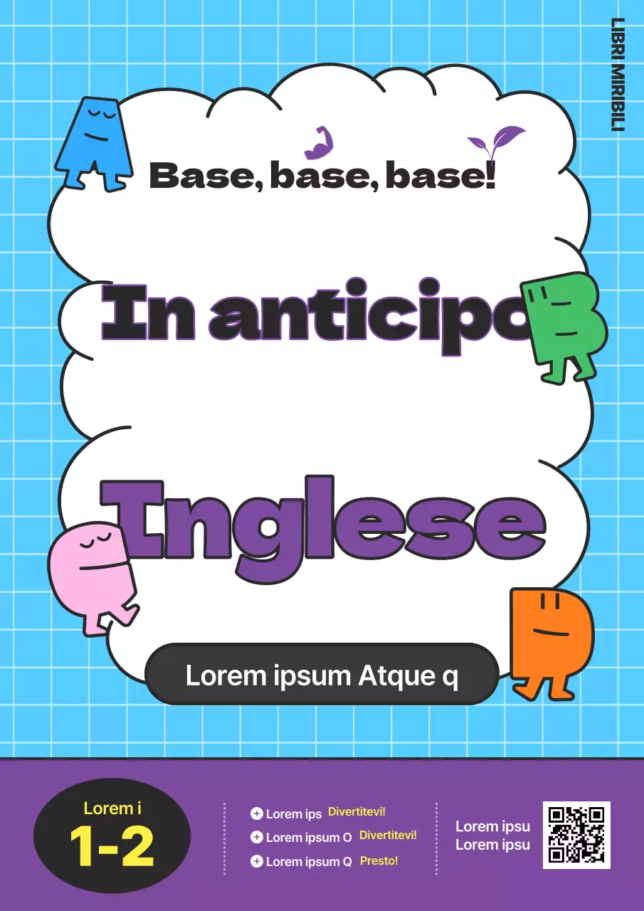 Libro di testo di inglese primario con caratteri dell'alfabeto blu chiaro-viola