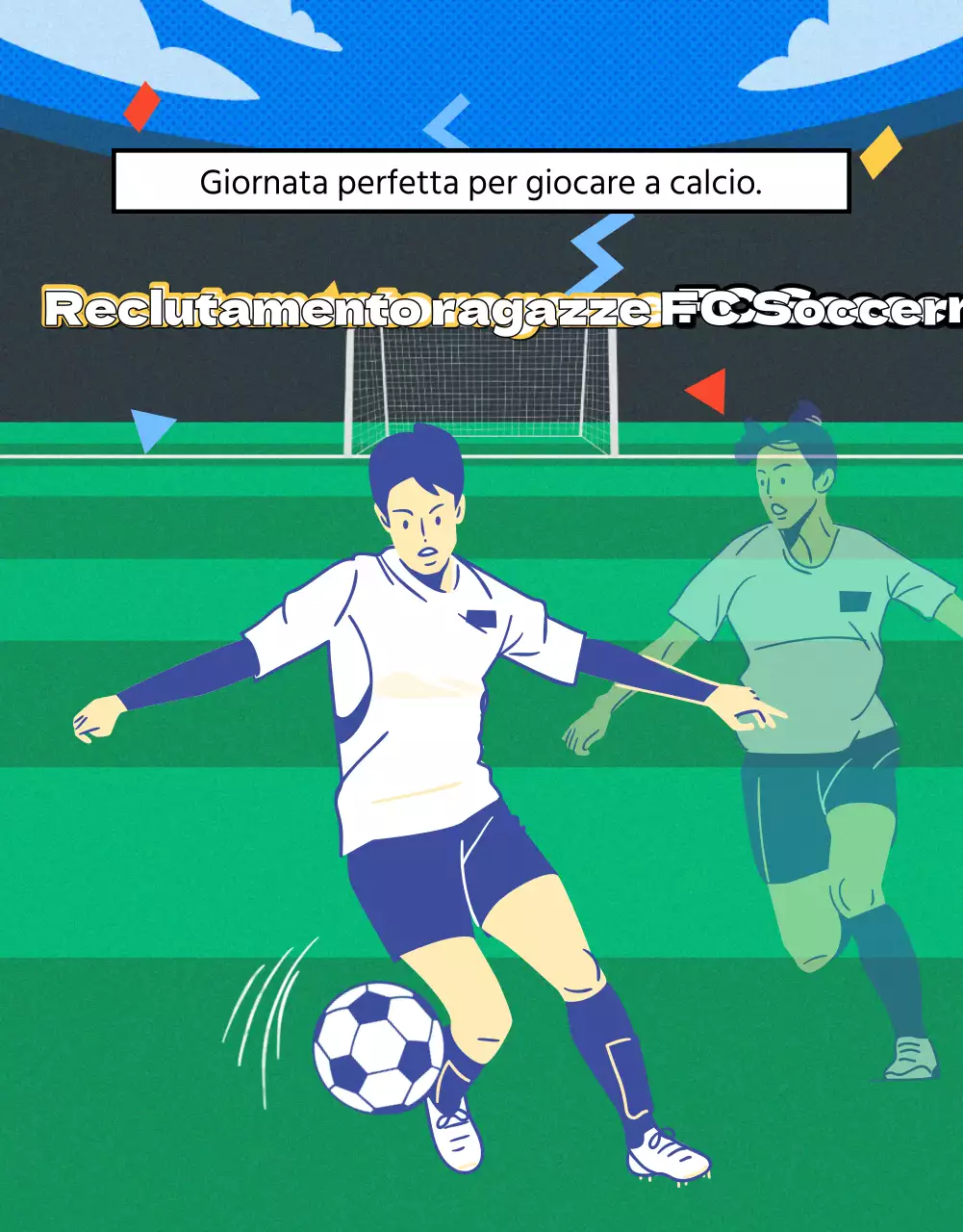 Volantino di reclutamento per il calcio femminile con immagine di un campo da calcio verde