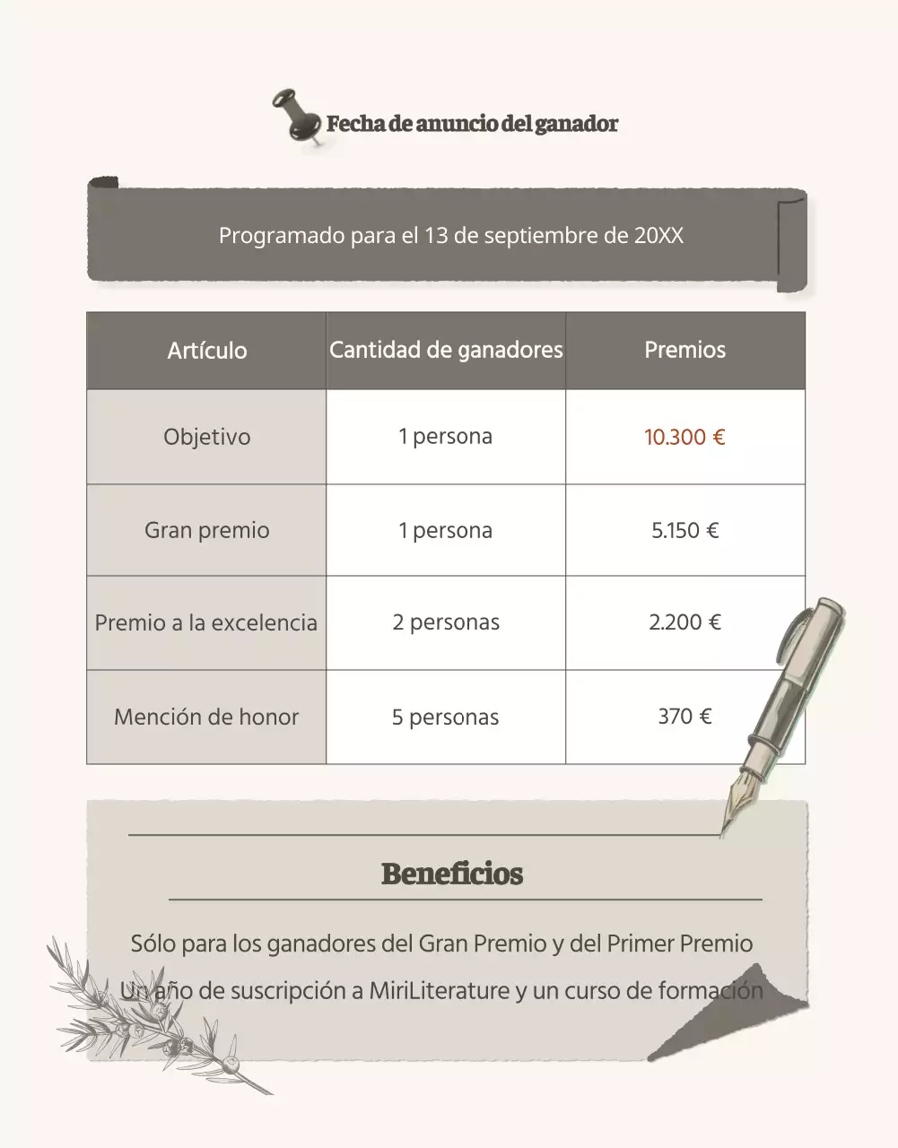 Anunciamos un concurso para un eslogan de amor literario de estilo vintage y sencillo en beige y marrón.