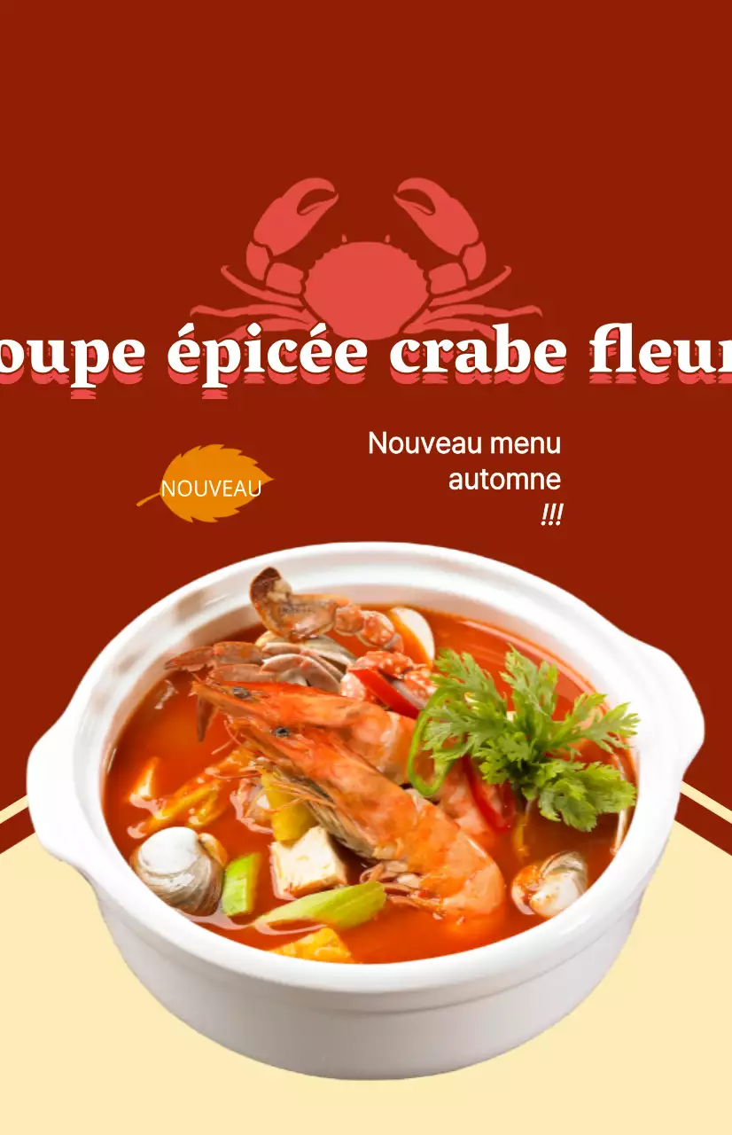 Un document promotionnel pour un nouveau menu d'automne avec un texte et des illustrations pour un plat à base de crabes bleus.