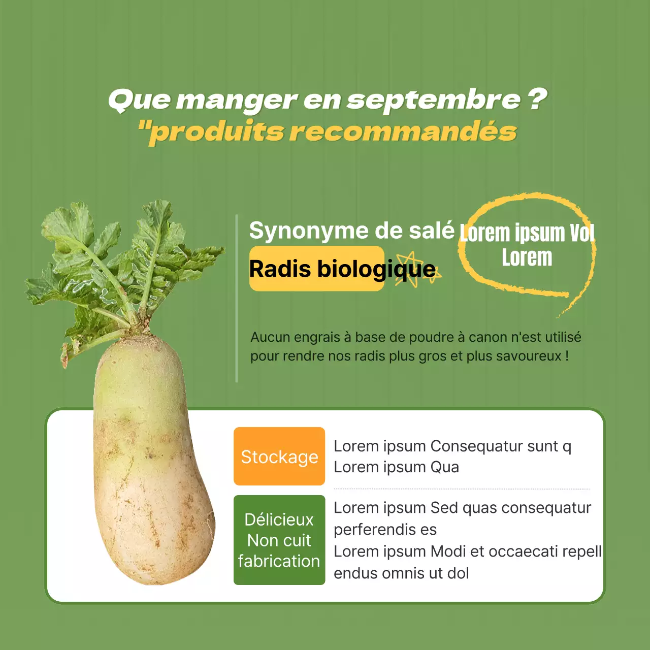 Promotion d'un marché de producteurs avec une illustration de légumes vert lime.