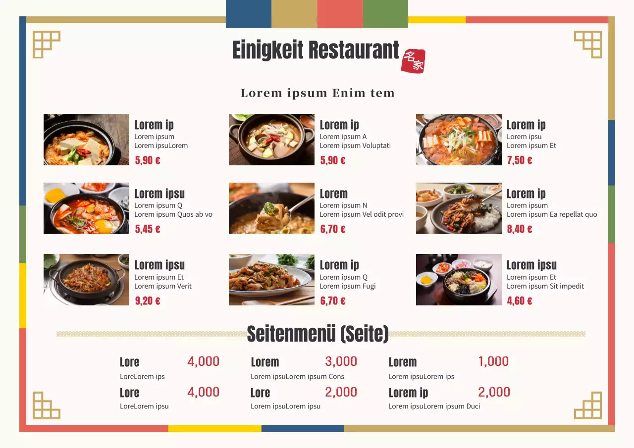 Mehrsprachige Menütafeln mit Text und Lebensmittelfotografien für koreanische Restaurantmenüs