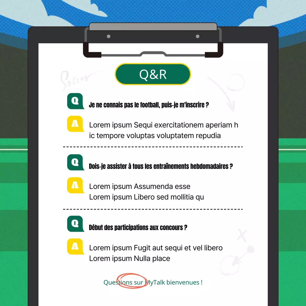 Une simple réunion de football vert et bleu Q&R post