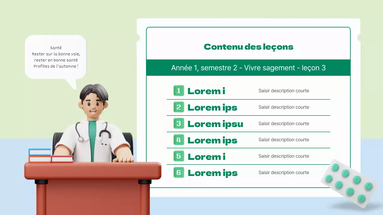 Introduction au concept de soins de santé saisonniers avec des illustrations en 3D en chartreuse et bleu clair.