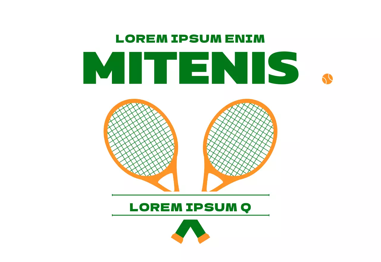Promoción de una escuela de tenis con una ilustración de parafernalia de tenis en verde y naranja.
