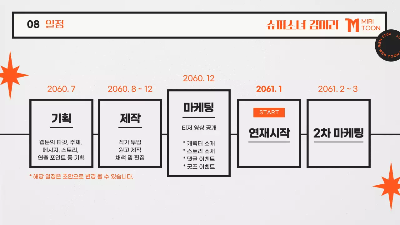 주황색과 흰색의 키치한 웹툰 기획서