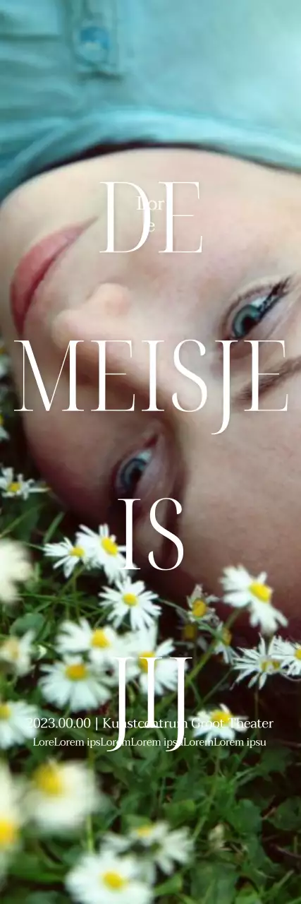 Een theatrale film met een emotionele foto van de vrouwelijke hoofdrol en een strak, vet lettertype.