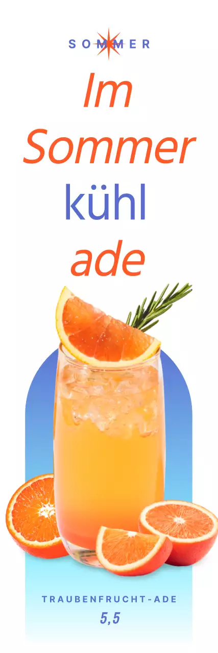 Ein luftiges, vom Sommer inspiriertes Banner vor einem Café mit Text und Fotoillustrationen von Sommergetränken.