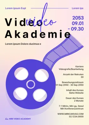 Werbematerial mit violetten Akzenten und einem Symbol für eine Videofilmquelle