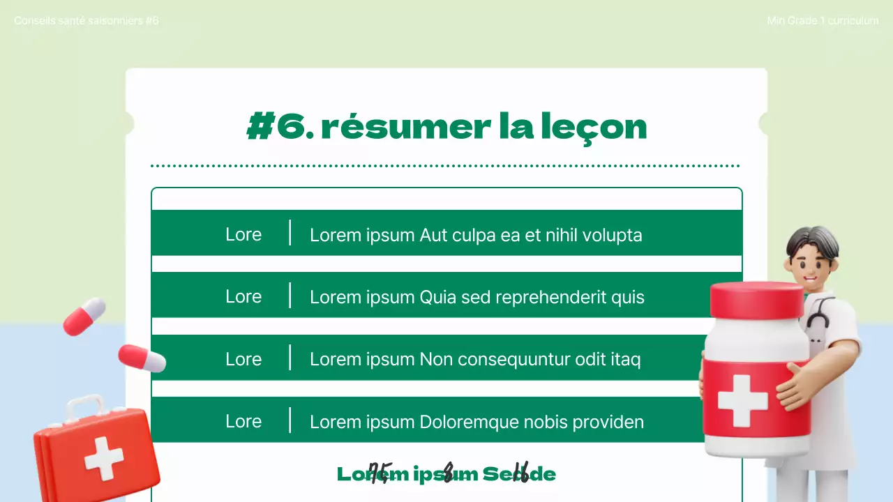 Introduction au concept de soins de santé saisonniers avec des illustrations en 3D en chartreuse et bleu clair.