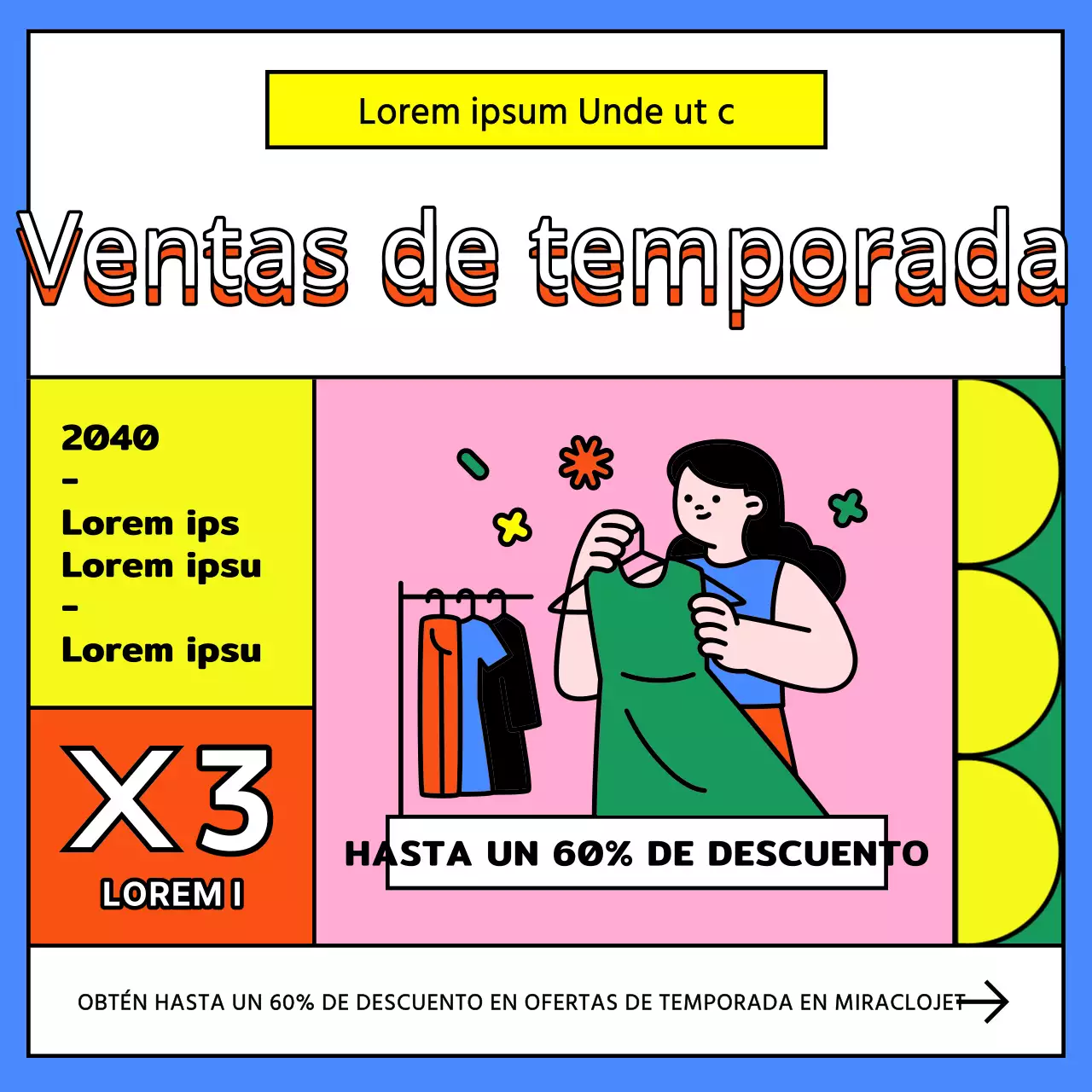 Un estallido de azul y arco iris en su anuncio de venta de ropa fuera de temporada
