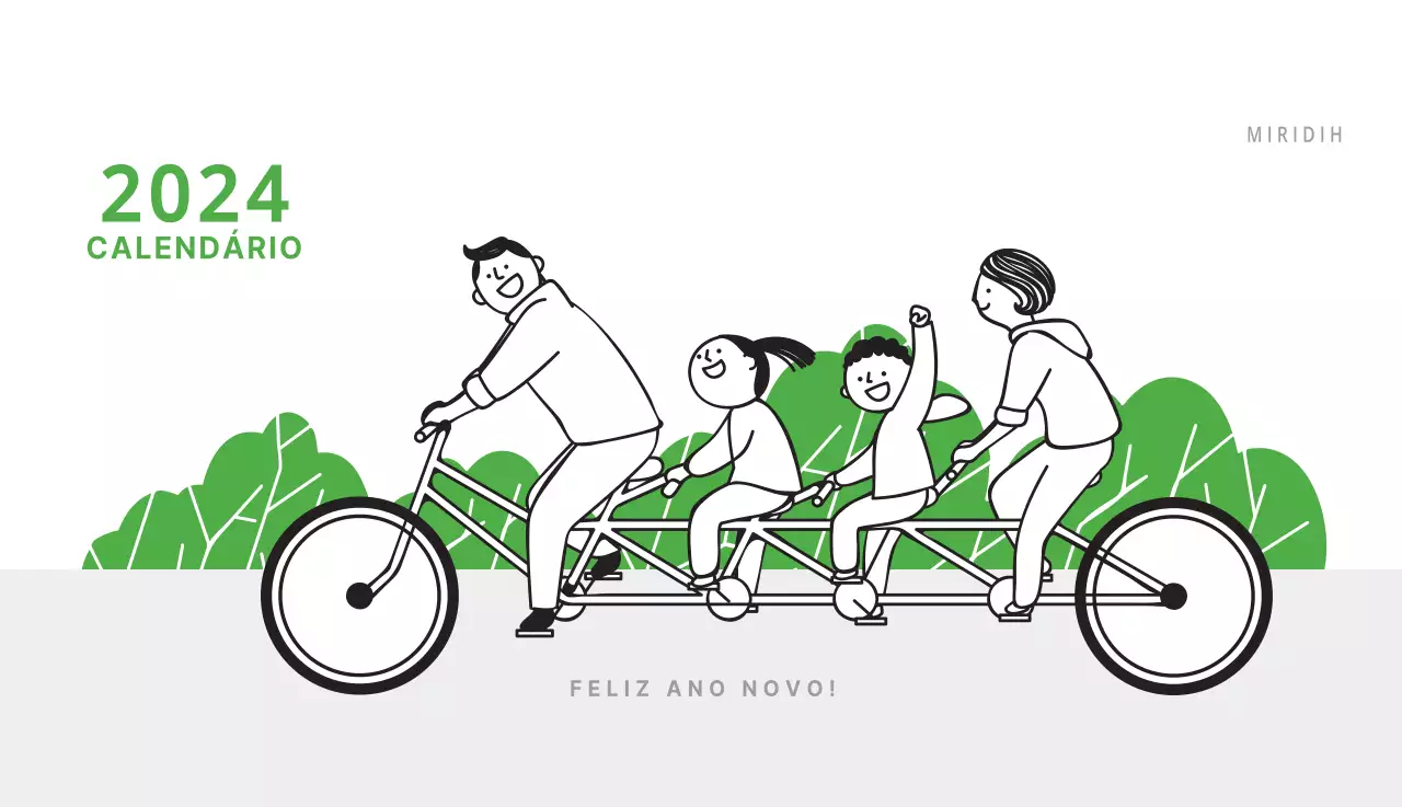 Calendário de secretária verde ilustrado com tema de família