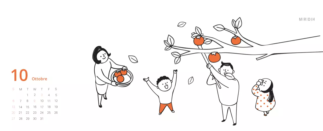 Simpatico calendario da tavolo illustrato verde a tema famiglia