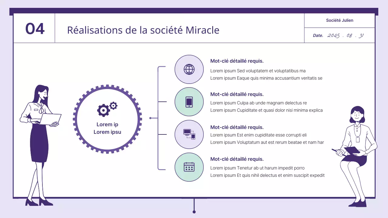 Une proposition avec des éléments de rouage de couleur violette et menthe