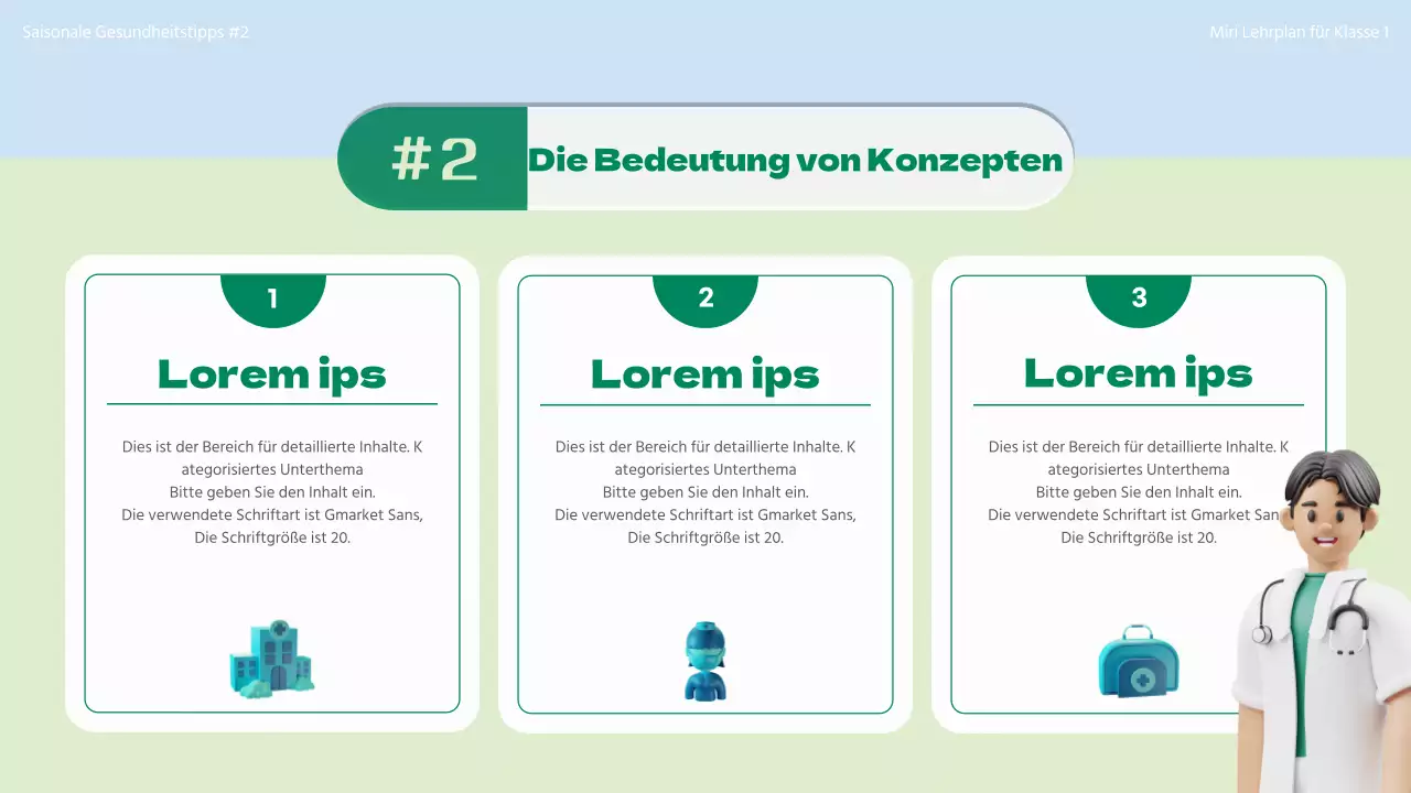 Einführung in das Konzept der saisonalen Gesundheitsversorgung mit 3D-Illustrationen in Chartreuse und Hellblau.