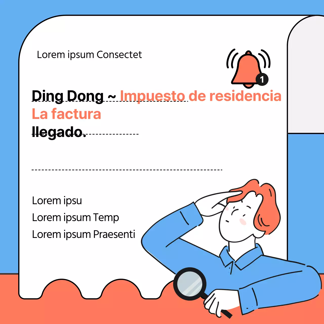 Ilustración en azul claro y naranja de las instrucciones de pago del impuesto de residencia