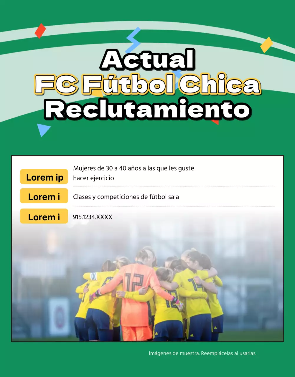 Folleto de reclutamiento de fútbol femenino con la imagen de un campo de fútbol verde