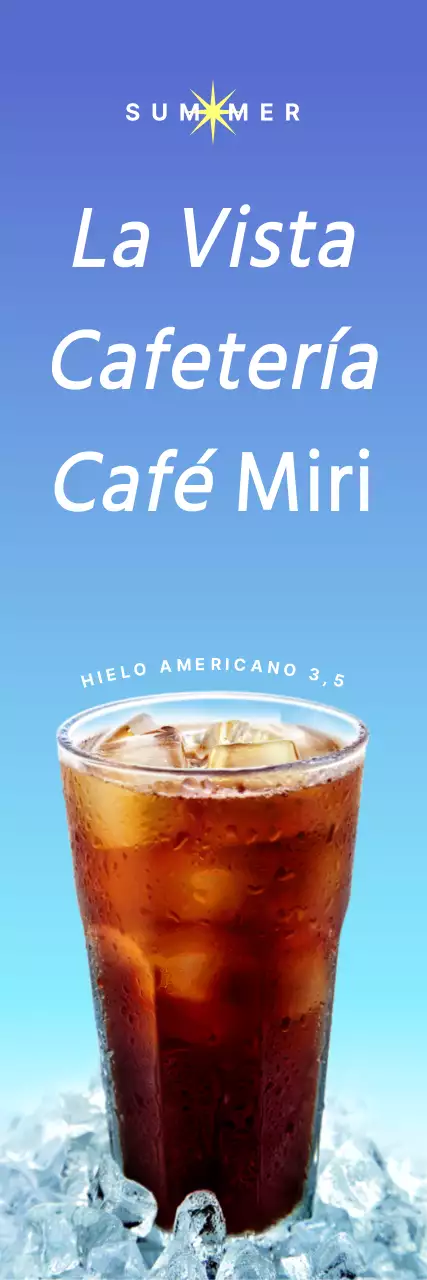 Una pancarta inspirada en el verano en el exterior de una cafetería, con texto y fotos de bebidas veraniegas.