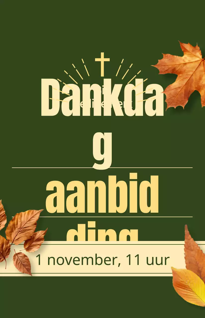 Een promotie voor de herfstdienst van een kerk met Thanksgiving-gerelateerde tekst en een foto-illustratie van vallende bladeren.