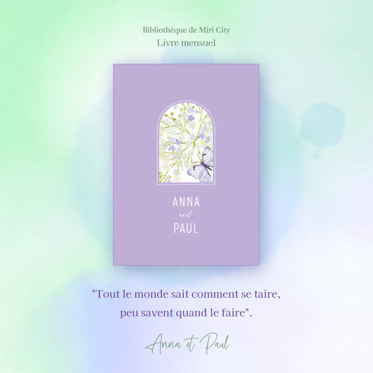 Promotion de la recommandation d'un livre sur fond dégradé violet et menthe V2