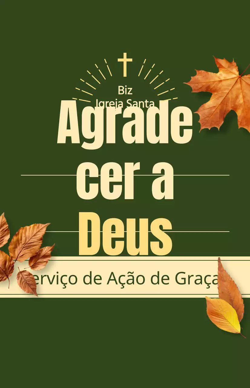 Promoção de uma cerimónia de outono de uma igreja com texto relacionado com o Dia de Ação de Graças e uma ilustração fotográfica de folhas a cair.