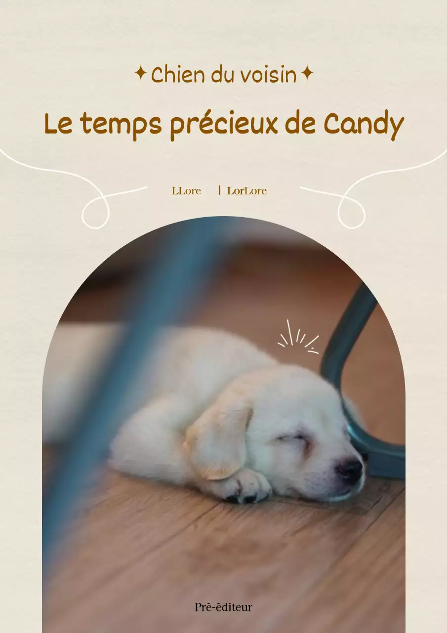 Présentation de l'histoire d'un adorable chiot sur fond de papier ivoire texturé aux accents bruns.