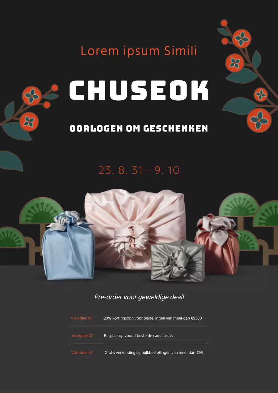 Chuseok geschenkset pre-boeking promotie met luxe traditionele Koreaanse illustraties op een zwarte achtergrond