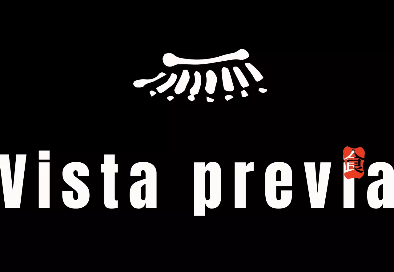 Antiguo rótulo de escaparate con texto en blanco, negro y rojo del restaurante Miribonga e ilustraciones de tejados de hanok y formas de sellos.