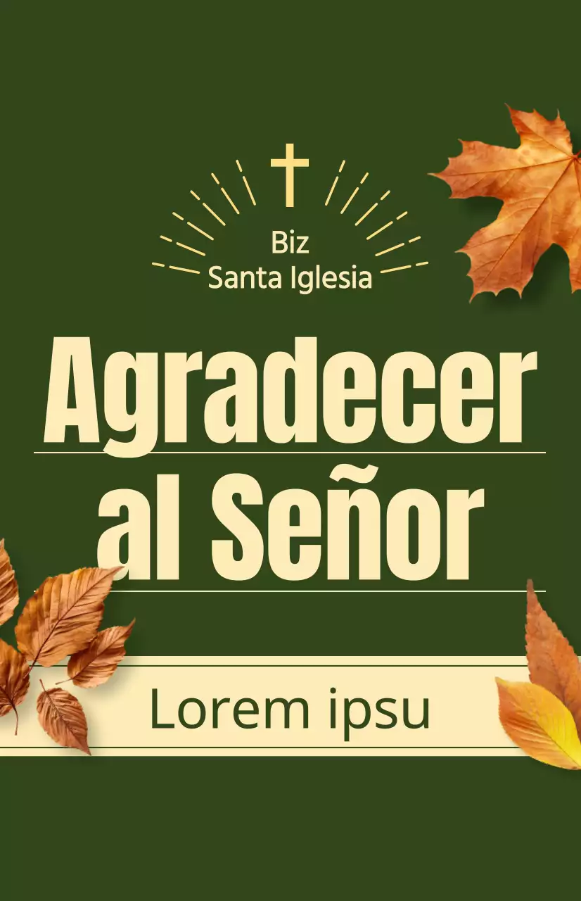 Promoción de un servicio otoñal de una iglesia con texto relacionado con Acción de Gracias y una ilustración fotográfica de hojas cayendo.