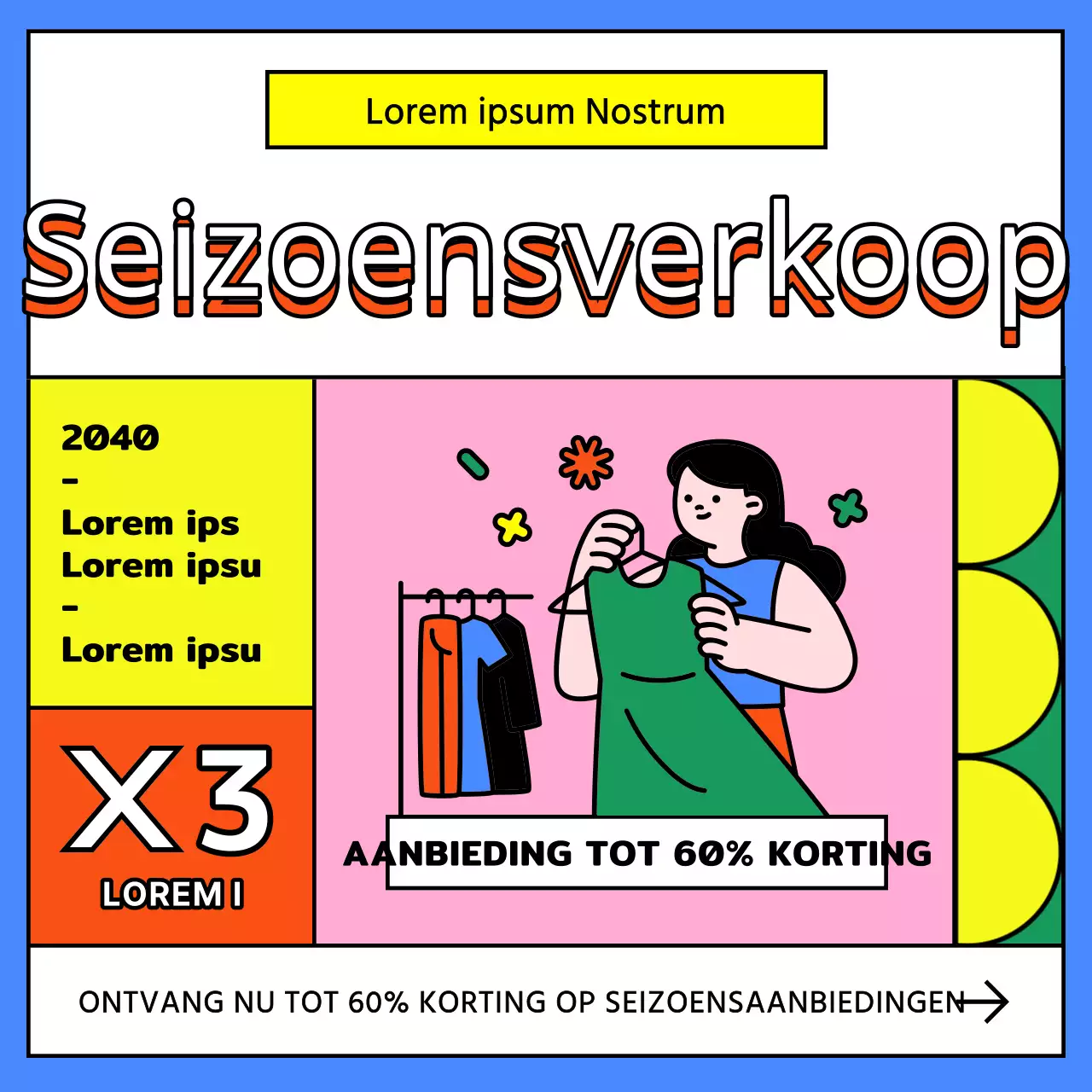Een knalblauw en regenboog in je uitverkoopadvertentie voor kleding buiten het seizoen