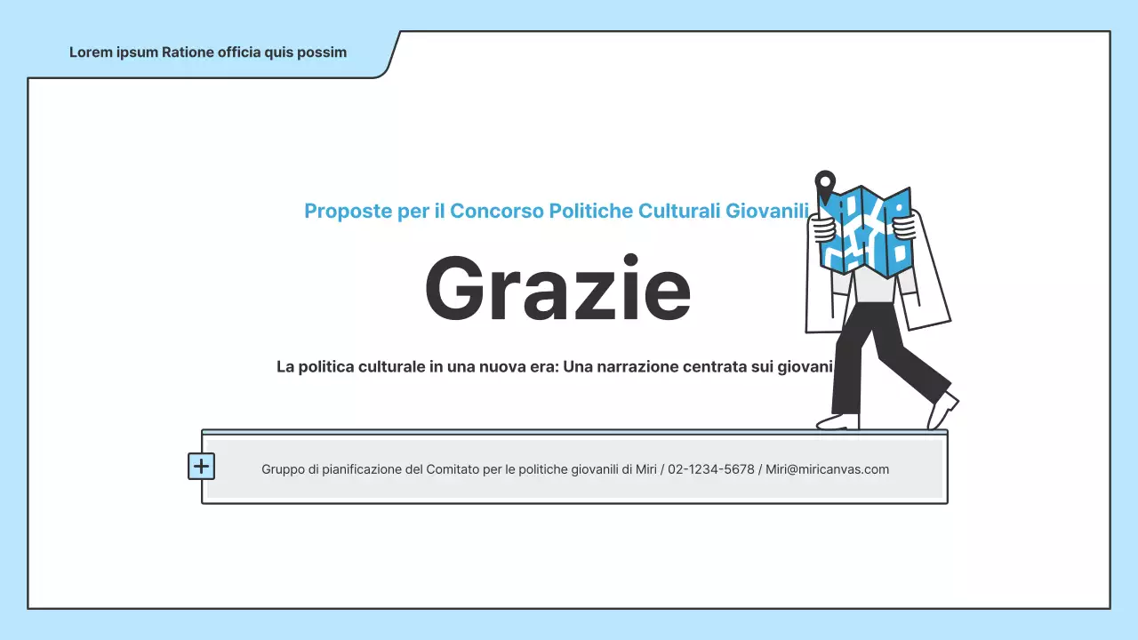 Una proposta politica con un'illustrazione pulita in azzurro e una forma a punto indice.