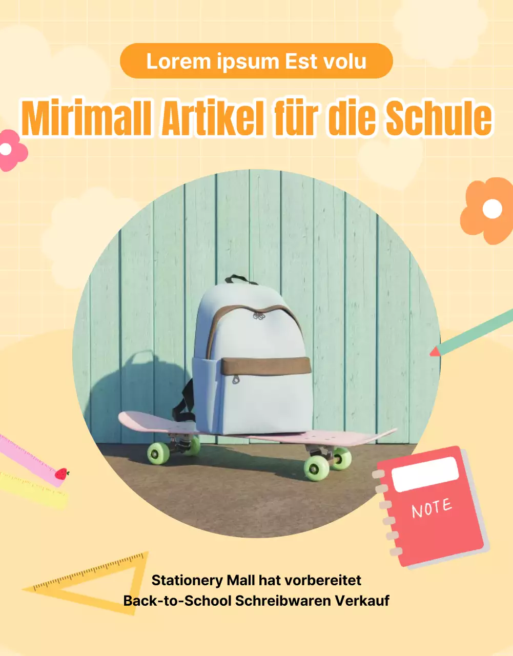 Schulanfangskollektion mit illustrierten Schulsachen auf gelbem Hintergrund