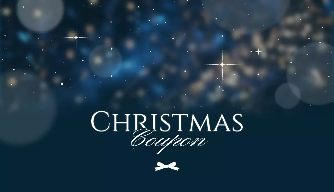 藍色と白の華やかな光の写真と輝くイラストが入った高級感のある割引クーポンです。