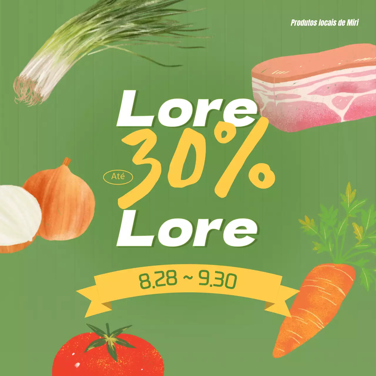 Promoção de um mercado de agricultores com uma ilustração de legumes em verde lima.