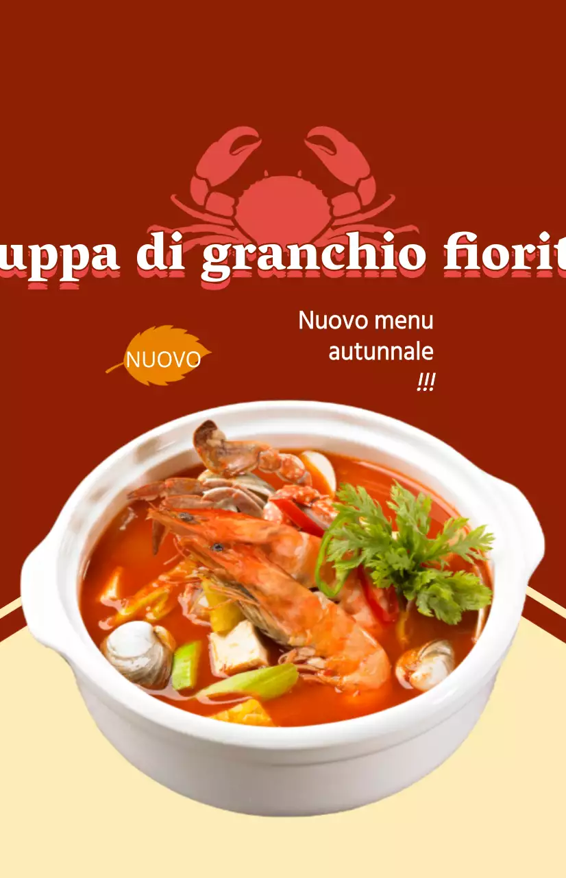 Un pezzo promozionale per un nuovo menu autunnale con testo e illustrazioni per un piatto a base di granchi blu.