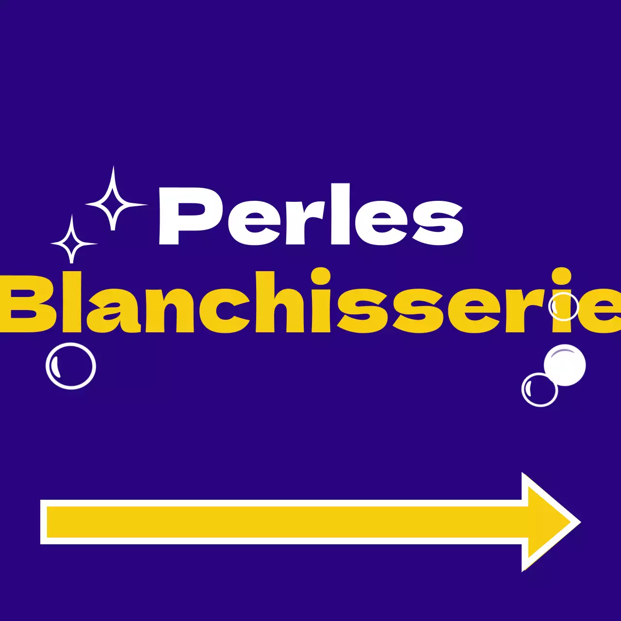 Enseigne de magasin facile à lire avec un texte bleu, jaune, orange et blanc sur le linge perlé et des illustrations en forme de pois, d'étoiles et de flèches.