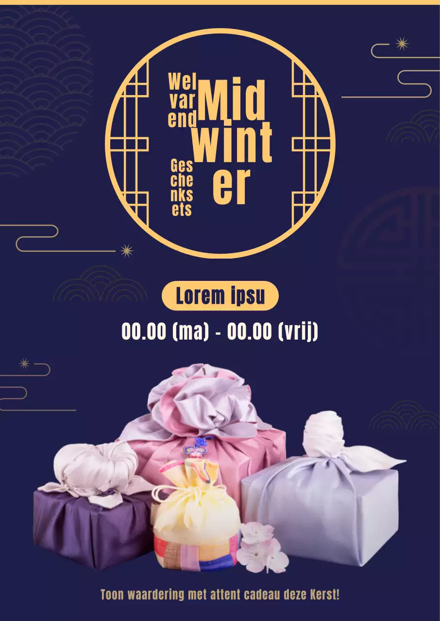 Deze Obon geschenkset heeft een luxe, strakke marineblauwe achtergrond met illustraties van traditionele patronen en een boza-afbeelding.