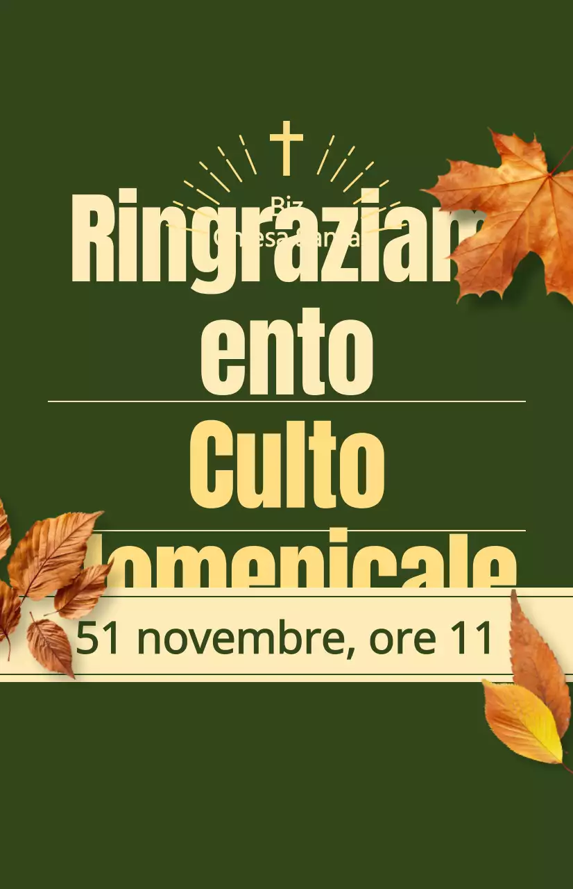 Promozione di un servizio autunnale della chiesa con testo relativo al Giorno del Ringraziamento e un'illustrazione fotografica di foglie che cadono.