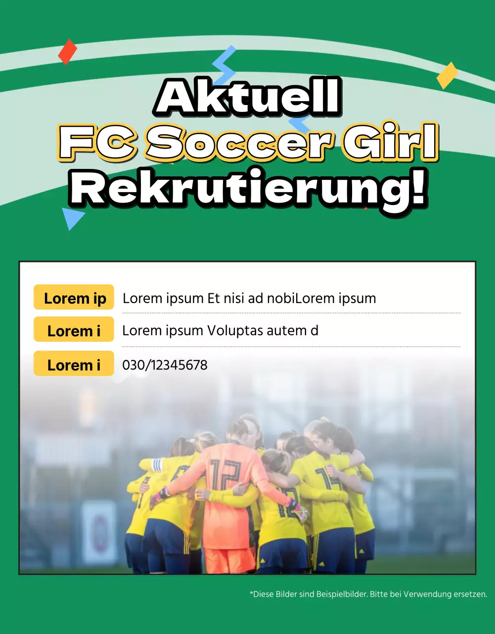 Werbeflyer für den Frauenfußball mit einem Bild eines grünen Fußballfeldes