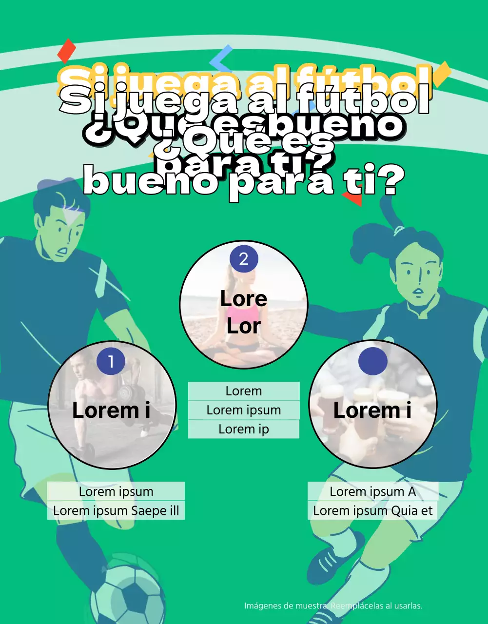 Folleto de reclutamiento de fútbol femenino con la imagen de un campo de fútbol verde