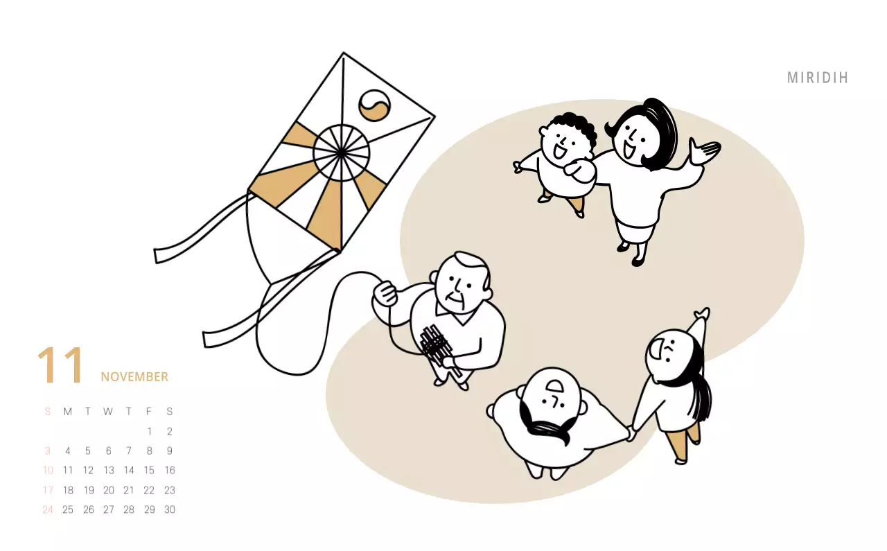 Schattige geïllustreerde groene bureaukalender met familiethema