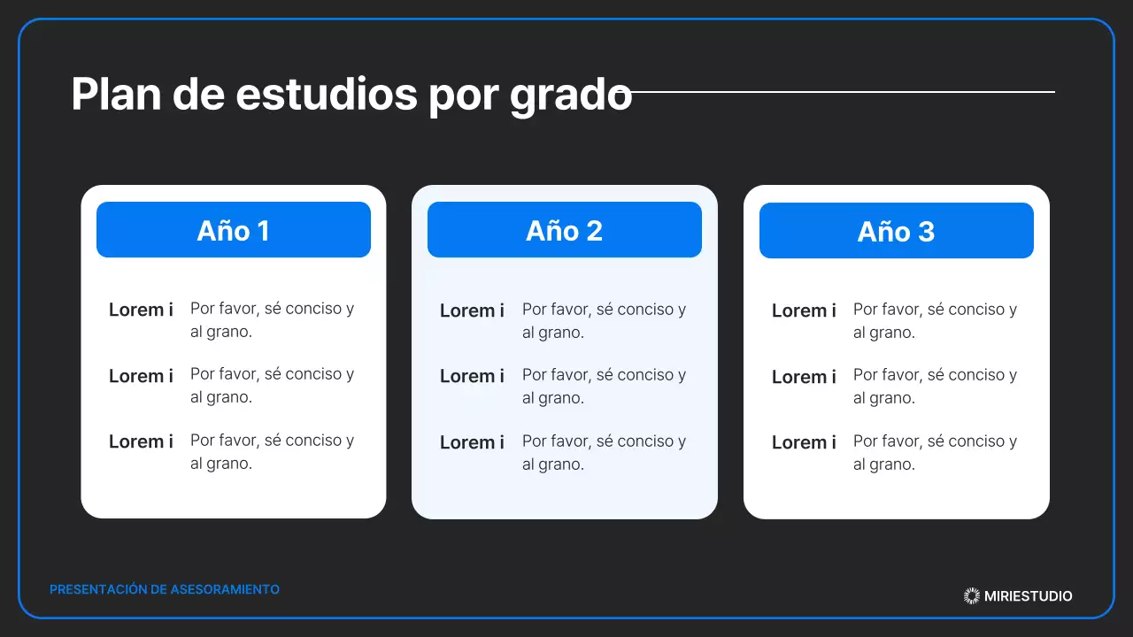 Una presentación de admisión minimalista en negro y azul