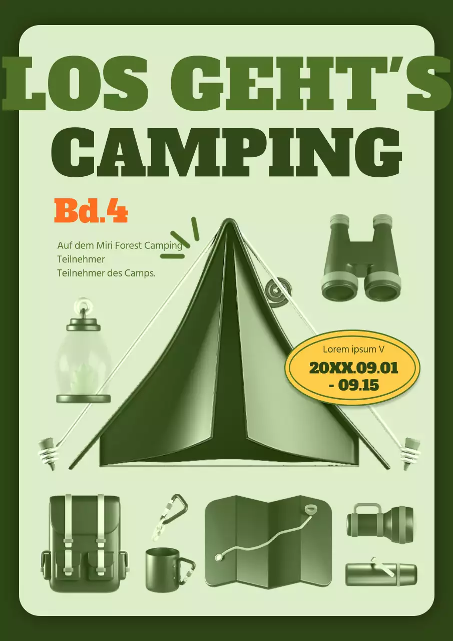 Werbung für Camping mit Abbildungen von Campingausrüstung in grünen Farben