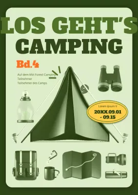 Werbung für Camping mit Abbildungen von Campingausrüstung in grünen Farben