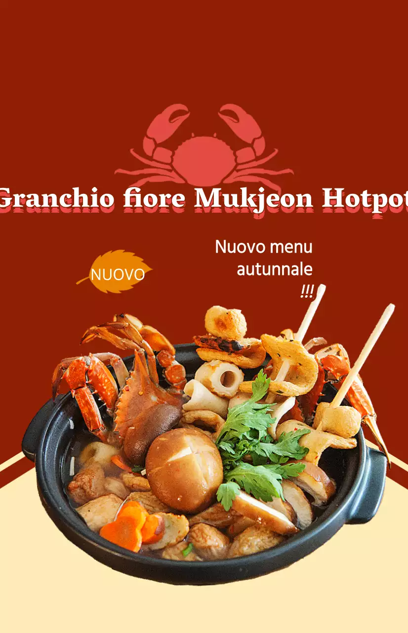 Un pezzo promozionale per un nuovo menu autunnale con testo e illustrazioni per un piatto a base di granchi blu.