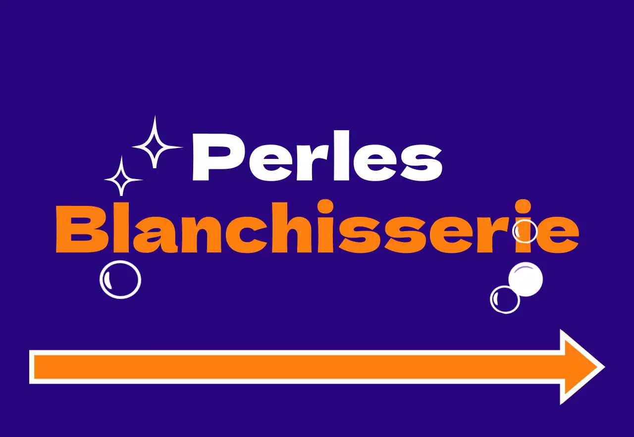 Enseigne de magasin facile à lire avec un texte bleu, jaune, orange et blanc sur le linge perlé et des illustrations en forme de pois, d'étoiles et de flèches.